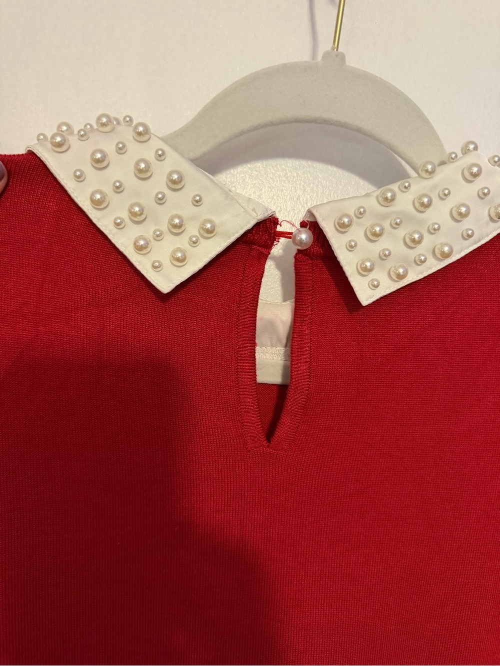 Adrianna Papell Red Knit Top with Pearl-Studded Ivory Collar - Picture 8 of 8